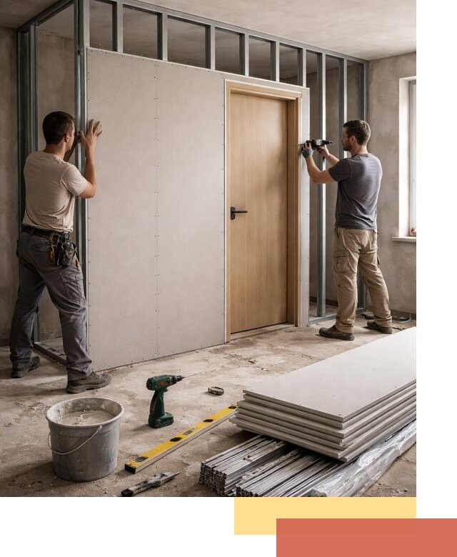 Перегородка из гипсокартона с дверью под ключ в Кинешме