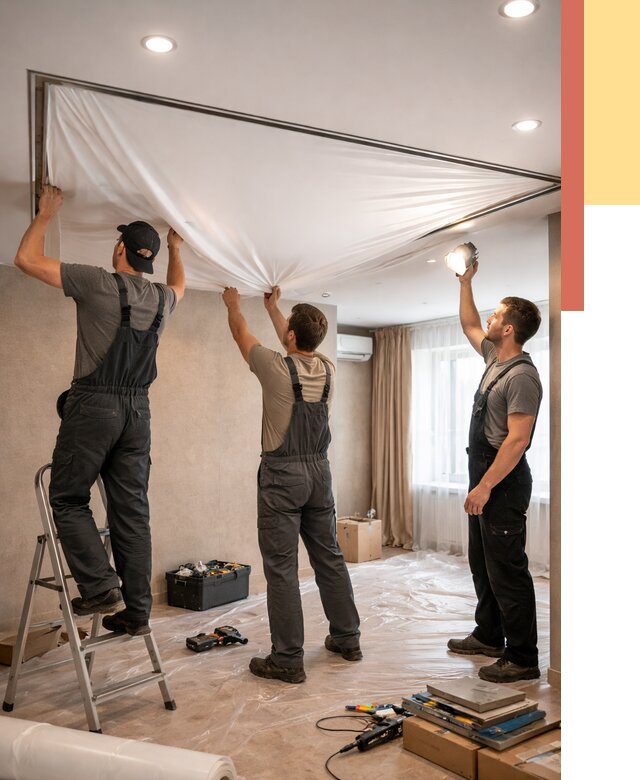 Монтаж ПВХ натяжного потолка в Кинешме от 3537 руб. под ключ | ОТДЕЛОЧНИК-Кнш